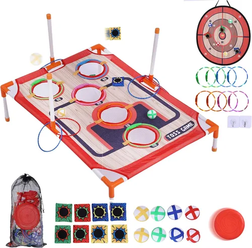 Lanzamiento de Bolsas de Frijoles y Lanzamiento de Pelotas y Lanzamiento de Aros, Juguetes de Exterior 5 en 1 para Niños, Juegos Familiares para
