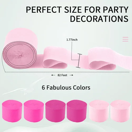 Miniatura 2 de Serpentinas de papel crepé – 6 rollos, 492 pies, paquete de 6 serpentinas de fiesta de color rosa claro y rosa intenso para decoraciones