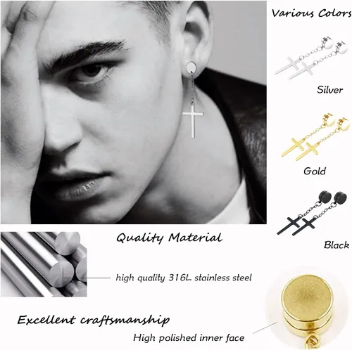 Miniatura 3 de Juego de 16 pares de aretes tipo dormilona para hombres y mujeres, de acero inoxidable 316L, aretes de aro colgantes de clip sin perforar, aretes