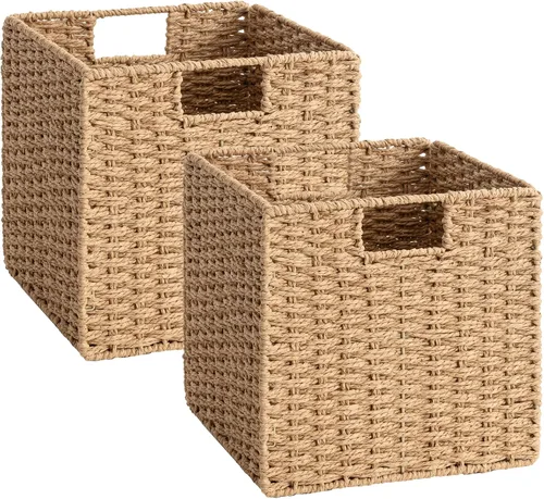 Miniatura 21 de StorageWorks Cestas de mimbre de 11 pulgadas, cubos de almacenamiento tejidos a mano con asas, cesta plegable de cuerda de papel para organizar