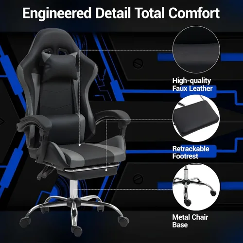 Miniatura 5 de Silla ergonómica para juegos con madera de masaje, silla de videojuegos gris con reposapiés para adultos y niños, reposacabezas ajustable y soporte