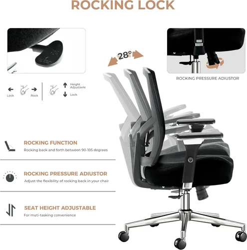 Miniatura 7 de Silla de oficina grande y alta de 600 libras con cojín de asiento grueso en forma de W, sillas de escritorio ergonómicas de malla para computadora