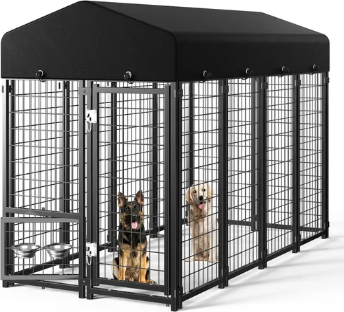 Miniatura 8 de Perrera para Perros al Aire Libre, Perrera para Perros con Techo y Comederos Giratorios/Puerta para Perros Desmontable Permite Conectar Su Casa