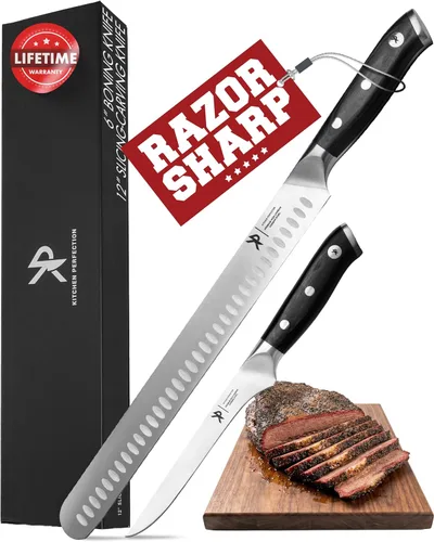 Kitchen perfection Juego de Tallado de BBQ para Carne - Cuchillo de Cortar Pechuga de 12" + Cuchillo de Deshuesar de 6" con Fundas - Súper Afilado,