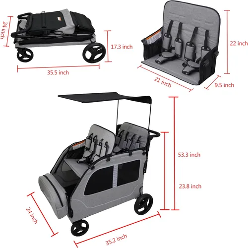 Miniatura 6 de Cochecito de 4 plazas, vagón cuádruple grande para niños de 2, 3, 4, bebé, viaje, todo terreno, empuje, triple, doble, doble cara a lado, con Gris