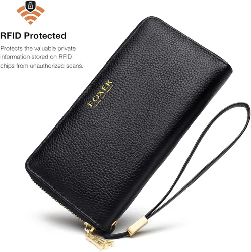 Miniatura 4 de FOXLOVER Carteras de cuero genuino para mujer carteras de embrague con cremallera RFID con pulsera
