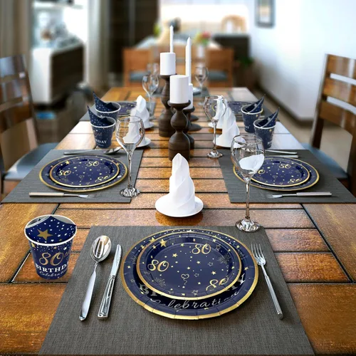 Miniatura 5 de Platos y servilletas de decoración de cumpleaños número 80 azul y dorado, servicio para fiesta de cumpleaños de 30 o 80 años, incluye platos azul