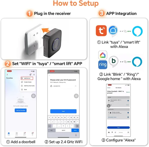 Miniatura 9 de Timbre inalámbrico inteligente WiFi para Google Nest, Ring, Blink - Conectado a la aplicación con luz LED, no requiere cableado (1 paquete, negro)