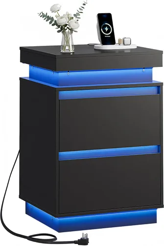 WLIVE Mesita de noche negra con estación de carga y luces LED, mesita de noche con 2 cajones de madera y parte superior deslizante, mesa auxiliar