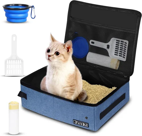 Petskd Caja de arena portátil de viaje para gatos con tapa y 10 bolsas de forro desechables, a prueba de fugas y plegables, esenciales de viaje para
