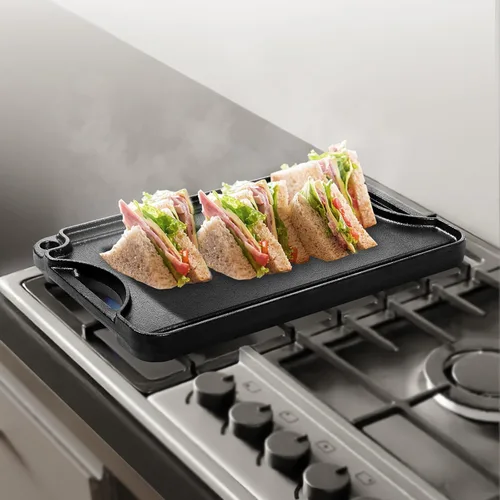Miniatura 9 de VEVOR Parrilla/plancha reversible, plancha de hierro fundido pre-sazonada de 14 x 8.5 pulgadas, sartén rectangular portátil con asa, utensilios