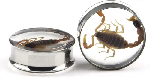 Miniatura 3 de Tapones para oreja, incrustaciones de escorpión auténtico, de acero inoxidable, túneles de doble llamarada, dilatadores para estirar, piercing