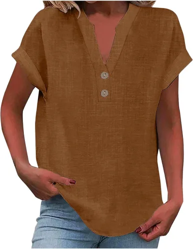 Miniatura 13 de Camisas de lino para mujer 2025 verano casual cuello en V botón abajo manga corta tops moda cómodo negocio trabajo blusas, beige (A-Beige)