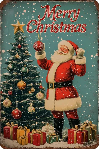 Letrero de metal de Navidad con Papá Noel vintage para árbol de Navidad para el hogar, cocina, jardín, patio, decoración interior de la oficina, 8 x