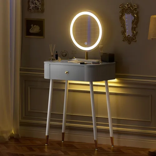 Miniatura 9 de WinZo Mesa de tocador de 24" con espejo y luces, pequeña mesa de tocador de maquillaje con 1 cajón de almacenamiento, elegante mesa de tocador