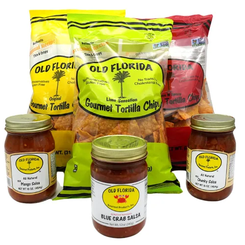 Old Florida Gourmet Products, Inc. Caja de regalo surtida, paquete variado de chips de tortilla y salsa en tarro prémium