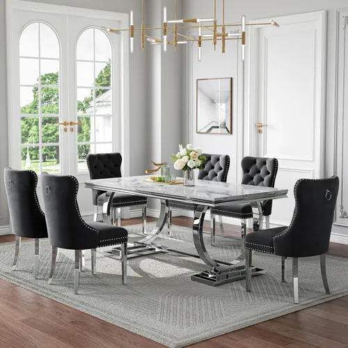 Miniatura 9 de Juego de mesa de comedor de mármol de 70 pulgadas para 6, mesa de cocina grande y sillas de cuero negro, mesas de comedor modernas negras y doradas