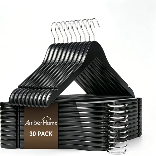 Miniatura 13 de Amber Home Paquete de 30 perchas de madera maciza para trajes, perchas de madera con acabado blanco liso con barra antideslizante para pantalones