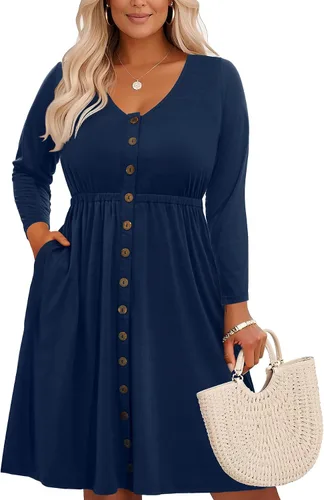 Miniatura 7 de Holipick Vestidos de verano para mujer, talla grande, casual, con bolsillos, acampanado, con botones, sin mangas, cuello en V