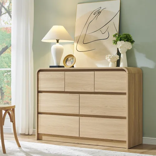 Miniatura 19 de Aitjunz Cómoda moderna de 5 cajones para dormitorio, 114 cm de altura con diseño de perfil curvo, cómoda vertical de madera estilo mediados de siglo