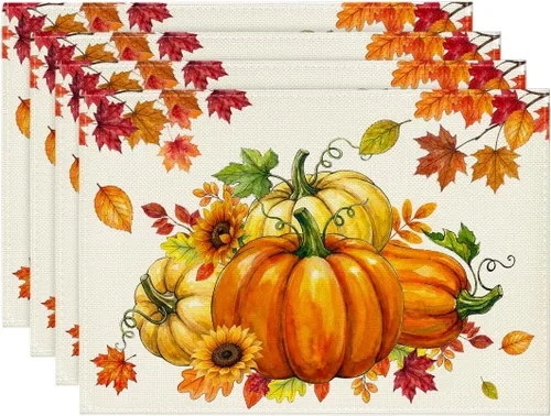 Miniatura 8 de Artoid Mode Juego de 2 manteles individuales de otoño con diseño de calabazas, hojas de arce, girasol, 12 x 18 pulgadas, manteles individuales