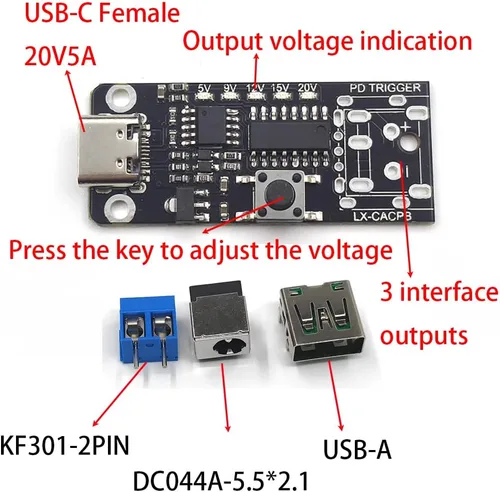 Miniatura 2 de 2 unids USB-C PD QC DC5V 9V 12V 15V 20V voltaje ajustable módulo de disparador de potencia 5A Tipo-C entrada hembra