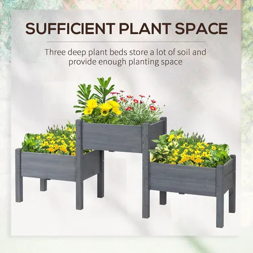 Miniatura 6 de Outsunny Cama de Jardín Elevada con 3 Jardineras, Soporte de Plantas de Madera con Orificios de Drenaje, para Verduras, Hierbas y Flores, Gris