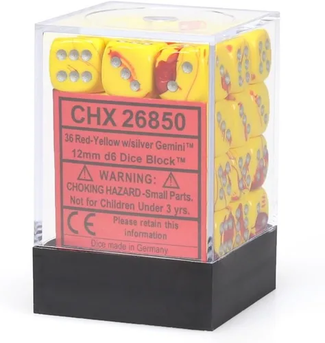 Chessex DND - Juego de dados poliédricos Géminis de 0.472 pulgadas, color rojo, amarillo y plateado, dados de mazmorras y dragones, incluye 36 dados