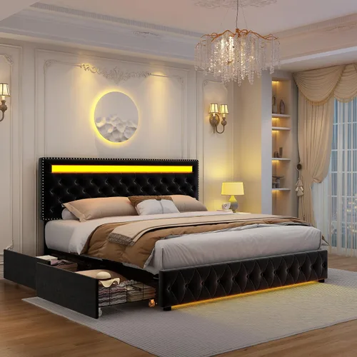 Miniatura 10 de GEGOFORU Marco de Cama LED King con 4 Cajones de Almacenamiento, con Control Inteligente de Luces LED RGBW en Cabecero y Piecero, Control