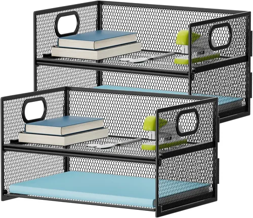 Miniatura 7 de Marbrasse Bandeja organizadora de papel de 2 niveles, organizador de archivos de malla con asa, organizador de escritorio clasificador de papel