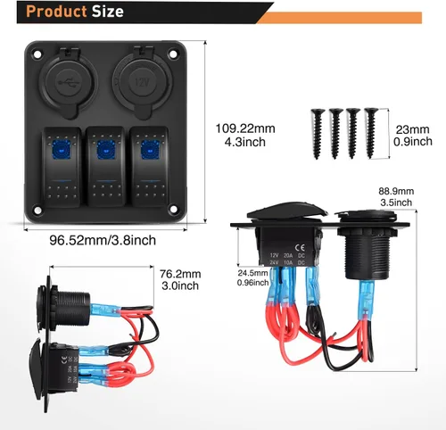 Miniatura 2 de GOOACC Panel de interruptor basculante de 3 bandas con cargador USB y encendedor de puros, interruptor de palanca de 12 V 24 V, interruptor Azul