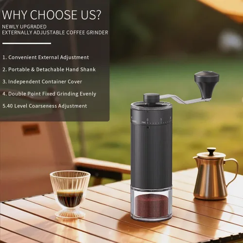 Miniatura 7 de Molinillo de café de mano, rebaba cónica para expreso, prensa francesa, vertido, doble rodamiento, capacidad de ajuste externo, 0.88 oz