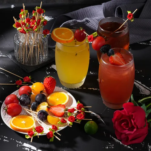 Miniatura 6 de Minisland Palillos de cóctel de flores de rosas multicolores, palillos de bambú de 4.7 pulgadas de largo para aperitivos, despedida de soltera