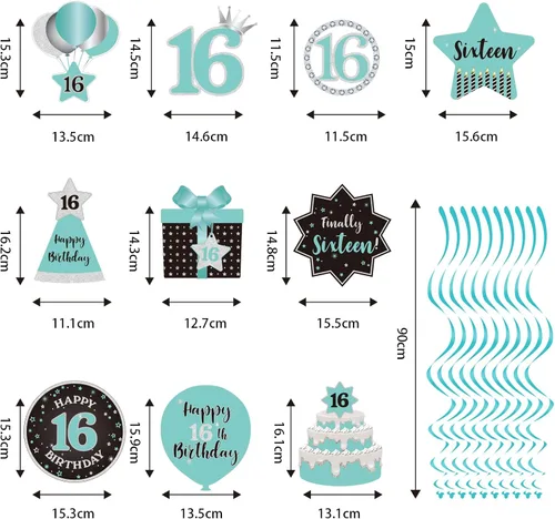Miniatura 3 de Decoración de techo de remolinos colgantes para fiesta de cumpleaños número 16, decoración de techo con 16 remolinos colgantes de papel de aluminio