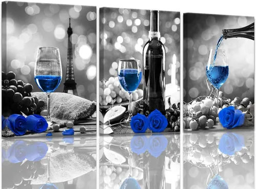 Obras de arte de rosas de vino para paredes del hogar, blanco y negro con pintura de vino azul, decoración de comedor, cuadros de cocina azules,