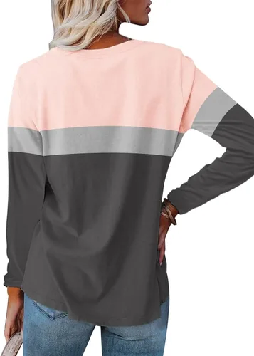 Miniatura 2 de Minetom Camisetas de manga larga con cuello en V para mujer, estilo casual, bloque de colorsólido, camisetas básicas