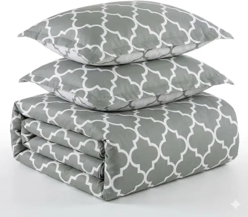 Miniatura 4 de El juego de cama tamaño Queen de 8 piezas color gris meridiano con blanco incluye: juego de funda de edredón de 3 piezas + juego de sábanas de 4