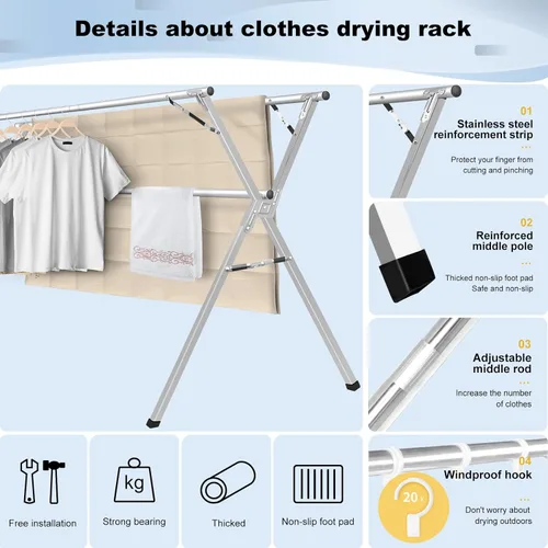 Miniatura 3 de Sarahipe Sillars Estante de Secado de Ropa, 240 cm Estante de Secado de Ropa Plegable y Colapsable de Acero Inoxidable para Interior y Exterior