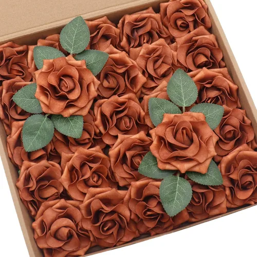 D-Seven Flores artificiales de 2.5 pulgadas, color naranja quemado, 25 rosas falsas con tallo para ramos de boda, arreglos florales, despedidas de
