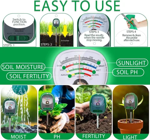 Miniatura 4 de Probador de Suelo, Medidor de Humedad del Suelo/Medidor de pH del Suelo/Luz Solar/Fertilidad para Jardinería, Probador de pH de Suelo de Dial