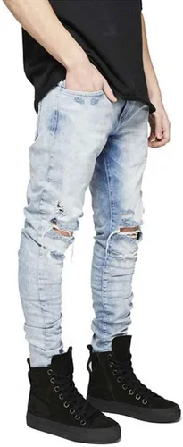 Miniatura 2 de HUNGSON Pantalones de mezclilla elásticos ajustados para hombre, jeans ajustados rasgados para hombre, pantalones de pierna recta desgastados