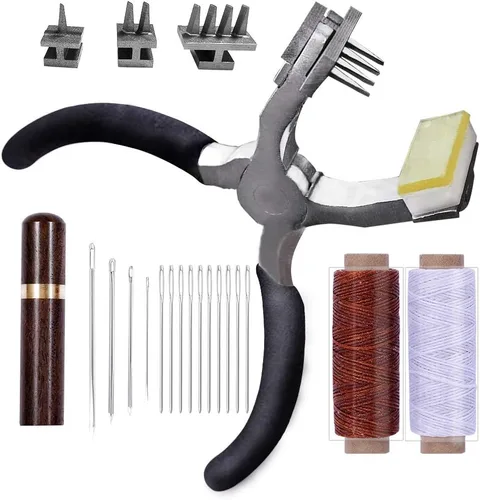 Miniatura 8 de BUTUZE, alicates de mano de cuero silencioso de 0.157 pulgadas (4 dientes franceses y 2 dientes) con aguja de cuero, estuche de aguja de madera, Rojo