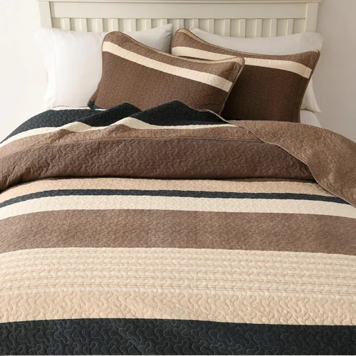Miniatura 8 de Finlonte Colcha tamaño Queen, 100% algodón, cubrecamas de gran tamaño, tamaño Queen, color marrón carbón, beige, acolchado, a rayas, estilo granja