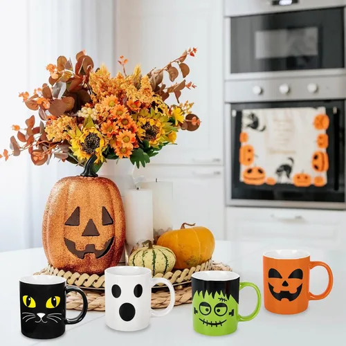 Miniatura 6 de Whaline Juego de 4 tazas de Halloween de 12 onzas con diseño de calabaza, gato, monstruo, fantasma, tazas de cerámica a juego para el hogar