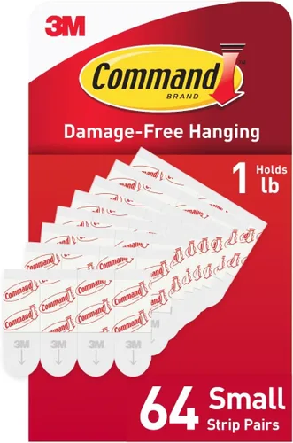 Command Tiras de repuesto pequeñas para interiores, 64 tiras, para colgar en la pared sin daños, ganchos pequeños para decoración del hogar y la