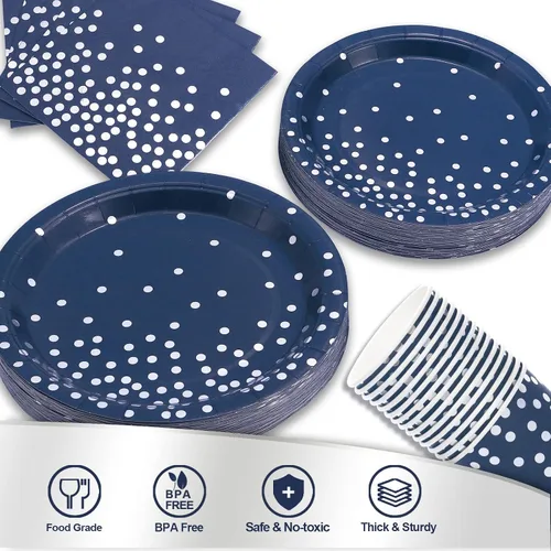 Miniatura 3 de 200 platos de cumpleaños desechables azules y plateados para 50 invitados, platos y servilletas de color azul marino para decoración de boda, Azul