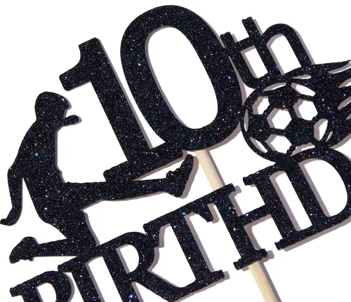 Miniatura 7 de Decoración para pastel de cumpleaños número 10 con purpurina negra, decoración para pastel de pelota de fútbol para 10 años de edad, saludos a 10