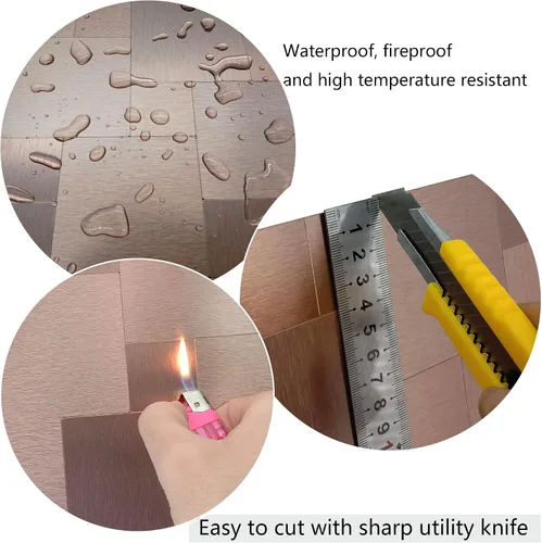 Miniatura 4 de 8 hojas de azulejos de piedra para salpicaduras, superficie de aluminio cepillado, adhesivo de mosaico de metal para pared de cocina