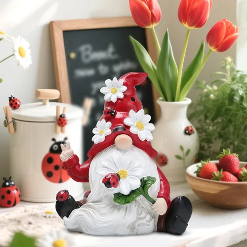 Miniatura 4 de Hodao Decoraciones de gnomos de primavera de mariquita para mesa del hogar, porche, jardín, patio, adornos de elfo de mariquita, decoración de Tela
