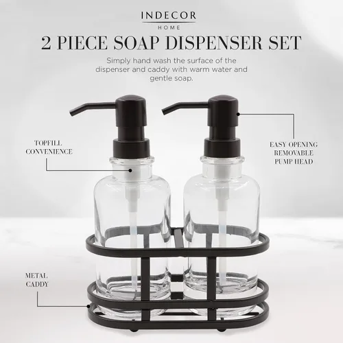 Miniatura 7 de Juego de dispensador redondo de 3 piezas de jabón de vidrio pesado con organizador de metal para el hogar, baño, cocina, viajes, oficina, bandeja